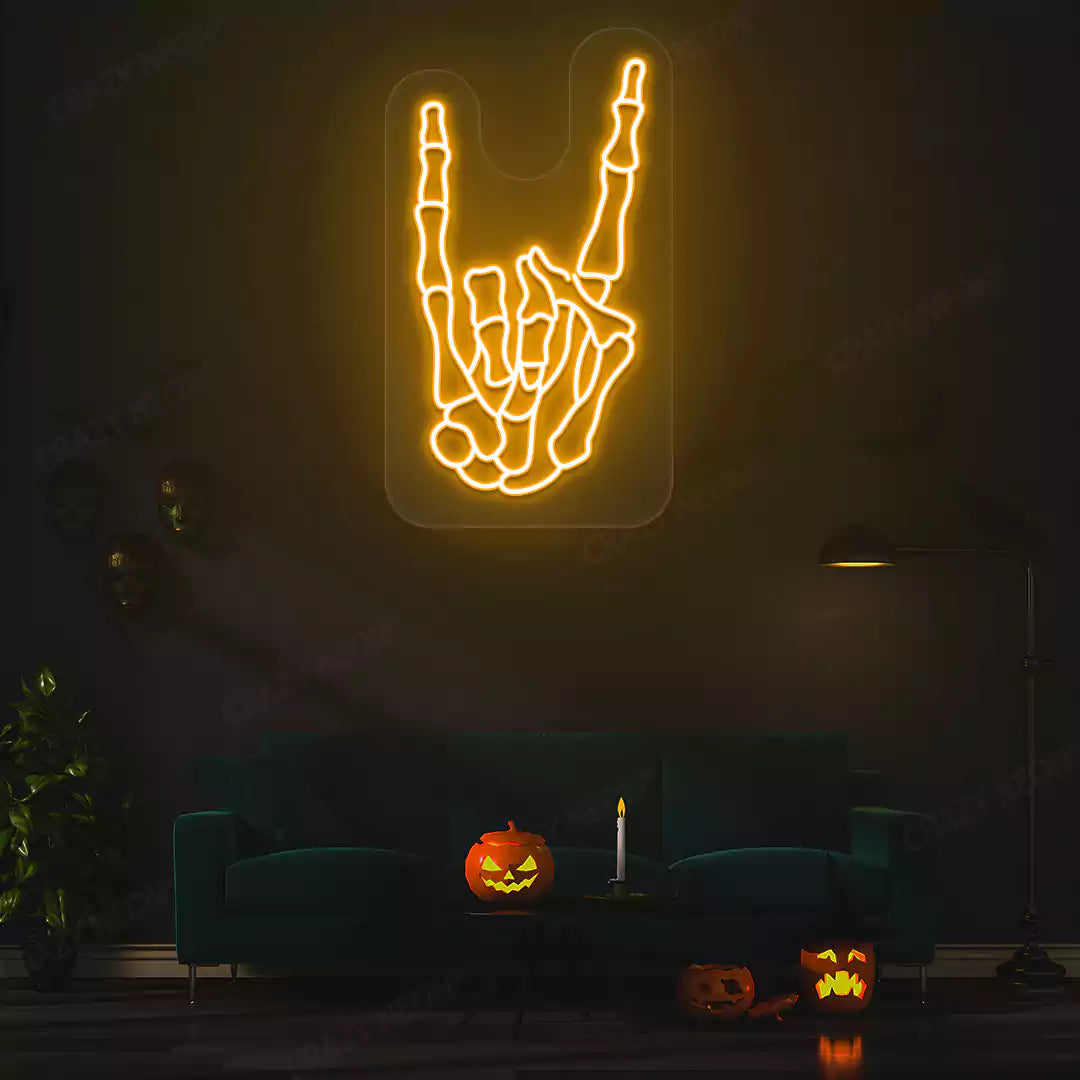Rock On Skeleton Hand Neon Sign | Orange
