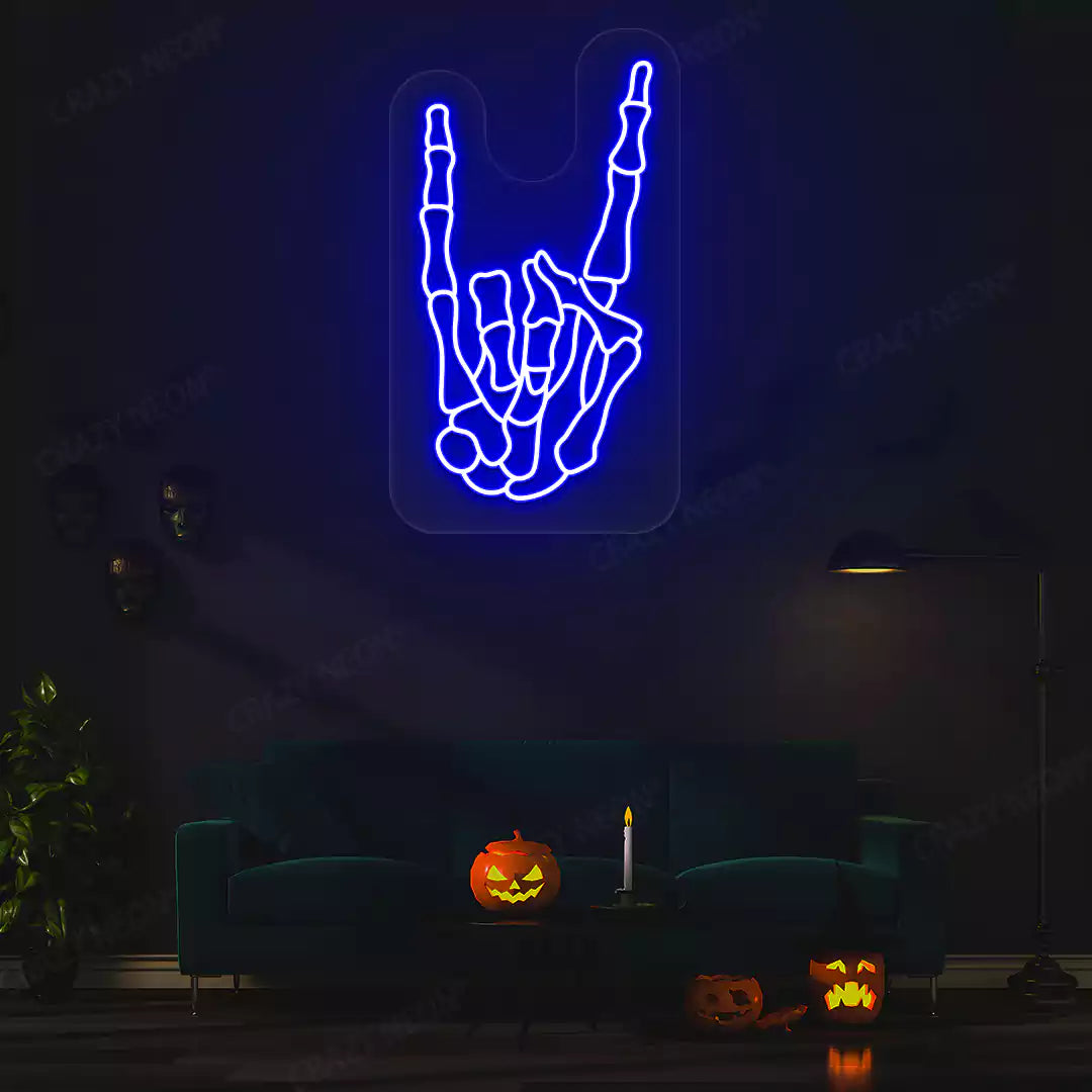 Rock On Skeleton Hand Neon Sign | Blue