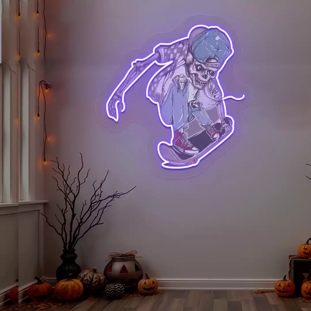 Skater Skeleton Neon Artwork | Purple