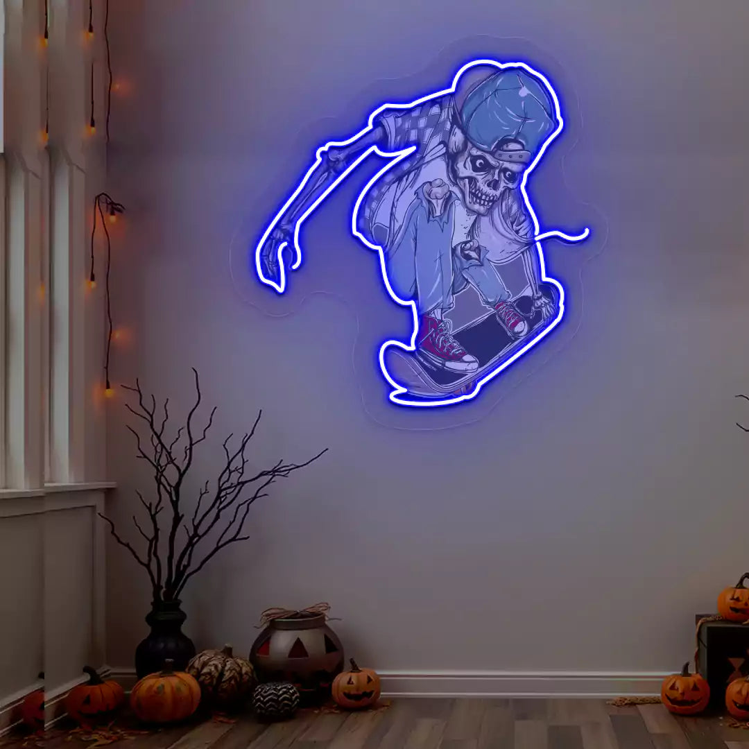Skater Skeleton Neon Artwork | blue