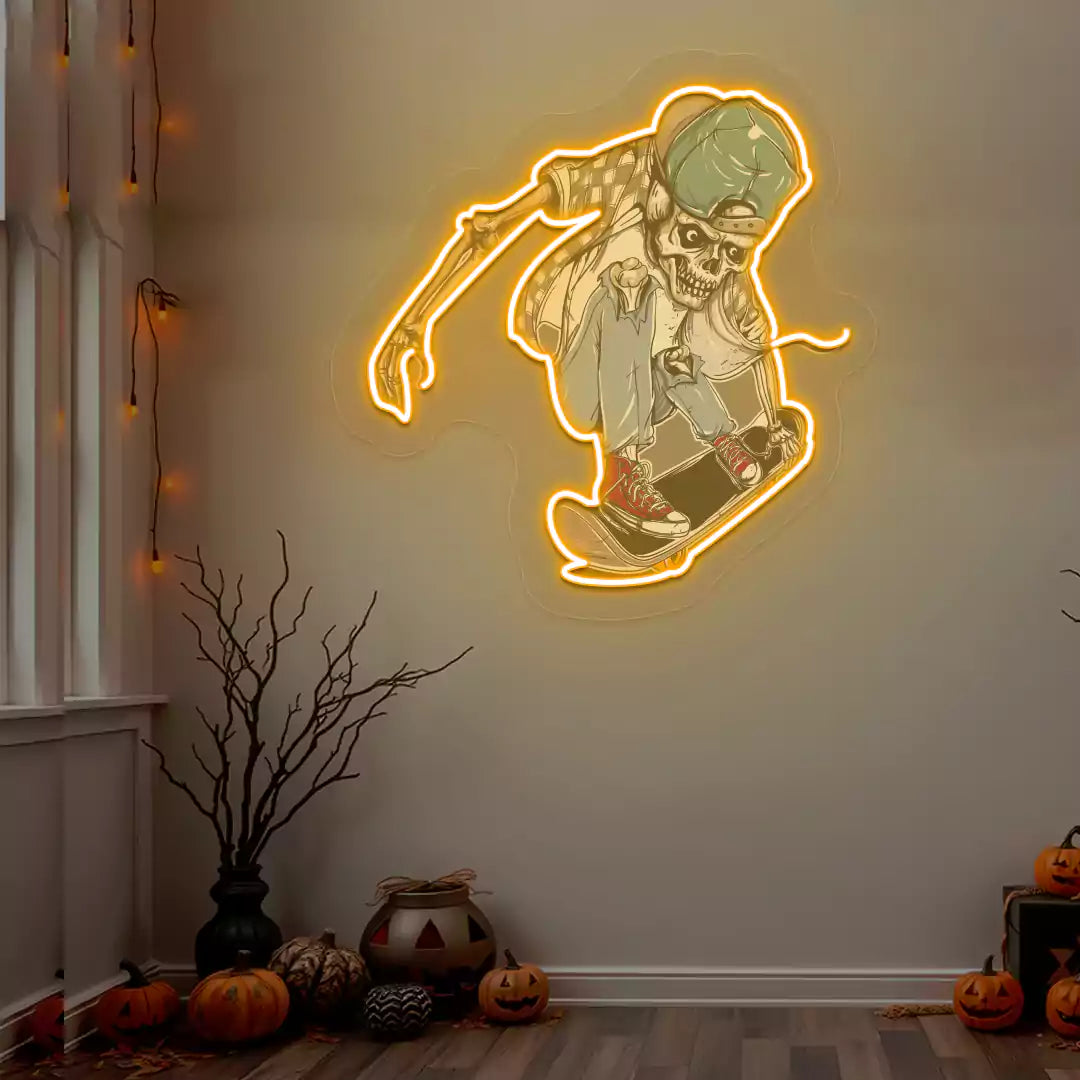 Skater Skeleton Neon Artwork | Orange