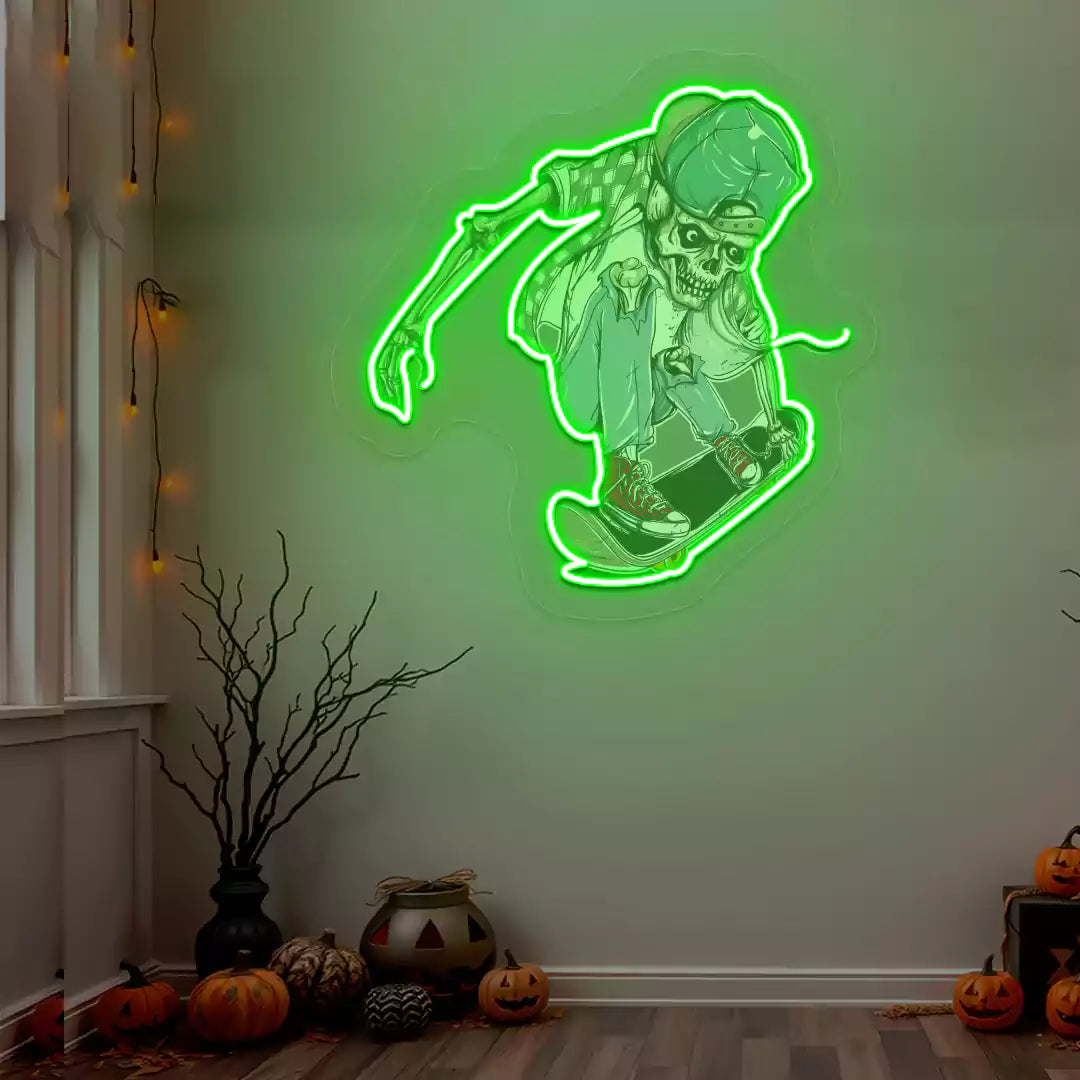 Skater Skeleton Neon Artwork | Green