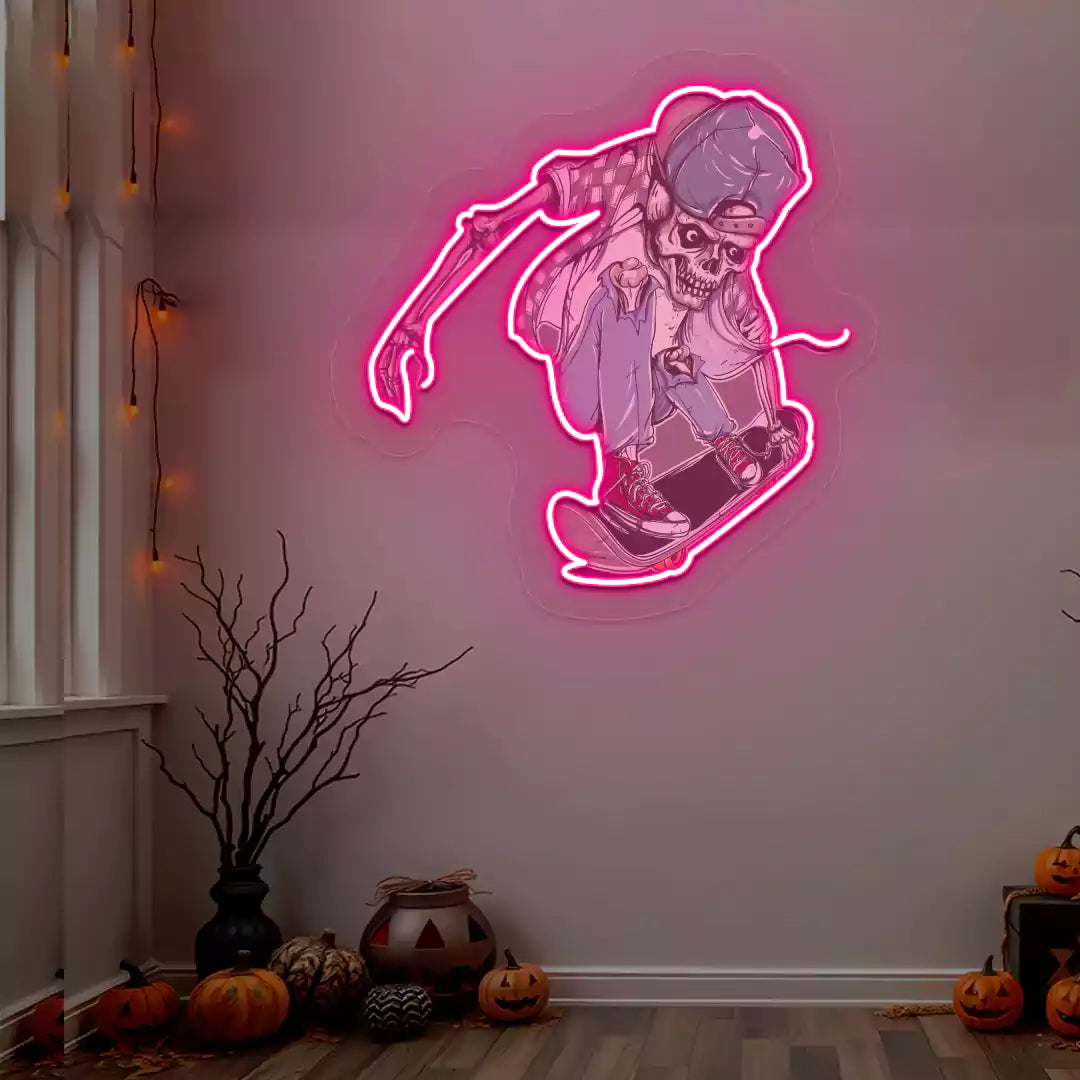 Skater Skeleton Neon Artwork | Pink