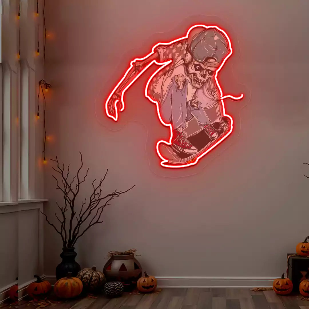 Skater Skeleton Neon Artwork | Red