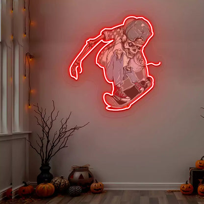 Skater Skeleton Neon Artwork | Red