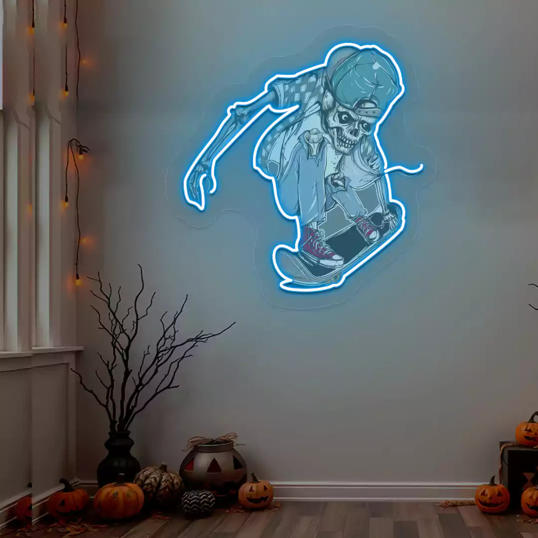 Skater Skeleton Neon Artwork | Iceblue