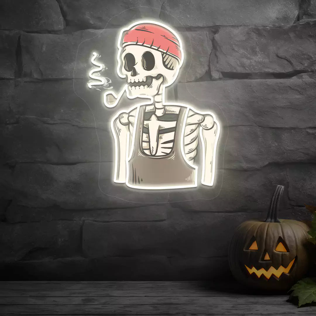 Pipe Smoker Skeleton Neon Artwork | White