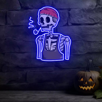 Pipe Smoker Skeleton Neon Artwork | Blue