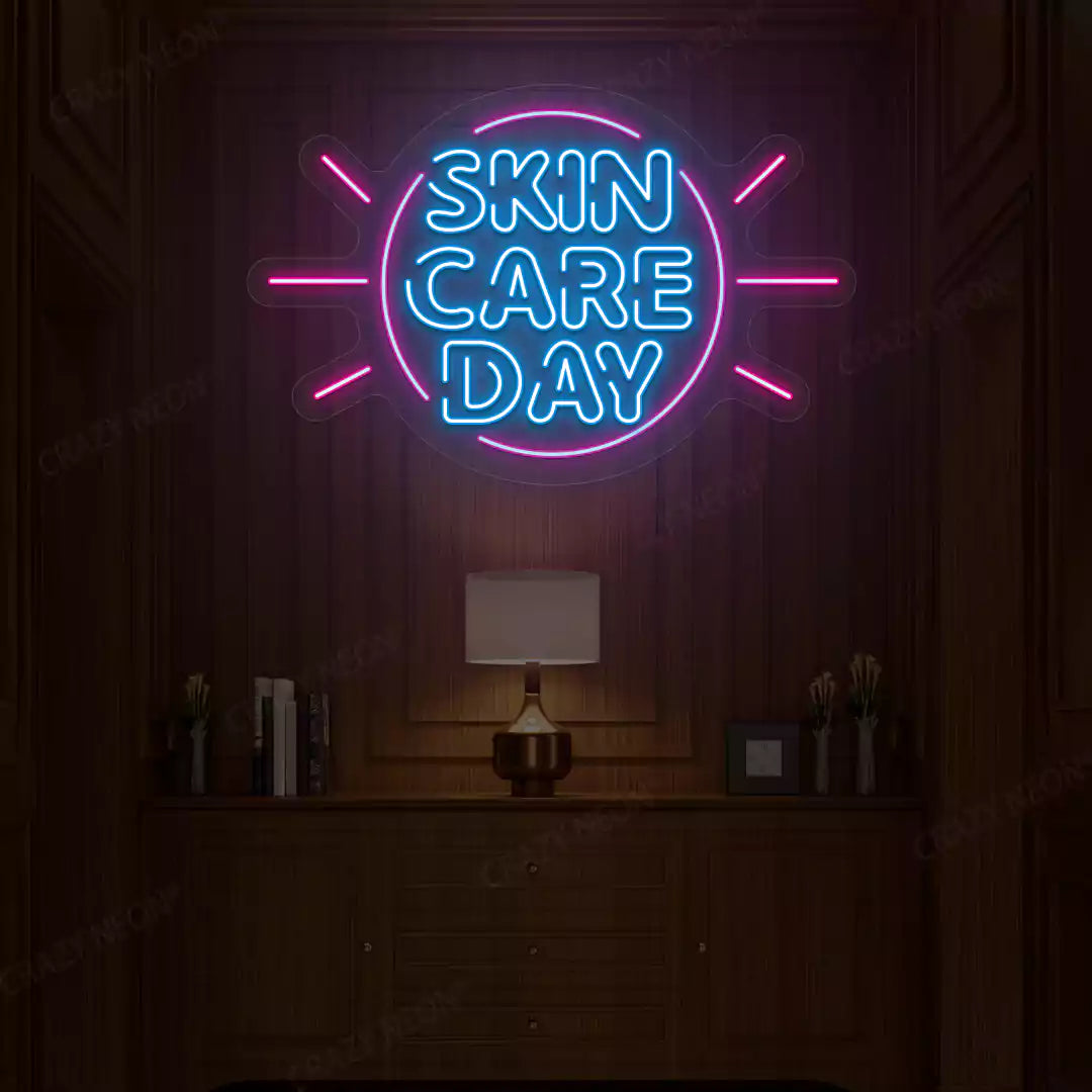 Ice blue and pink Skin Care Day neon sign glowing on a wooden wall