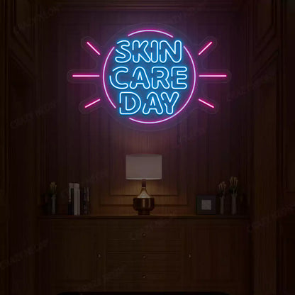 Ice blue and pink Skin Care Day neon sign glowing on a wooden wall