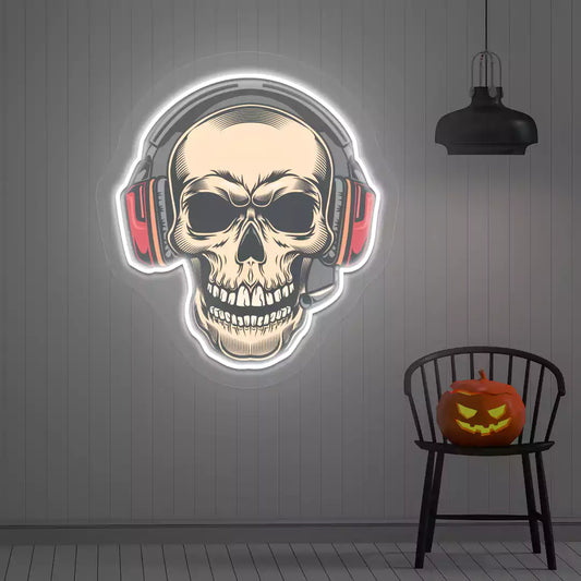 DJ Skeleton Neon Artwork | White