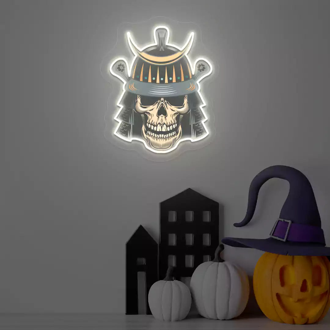 Samurai Skull Neon Artwork | White