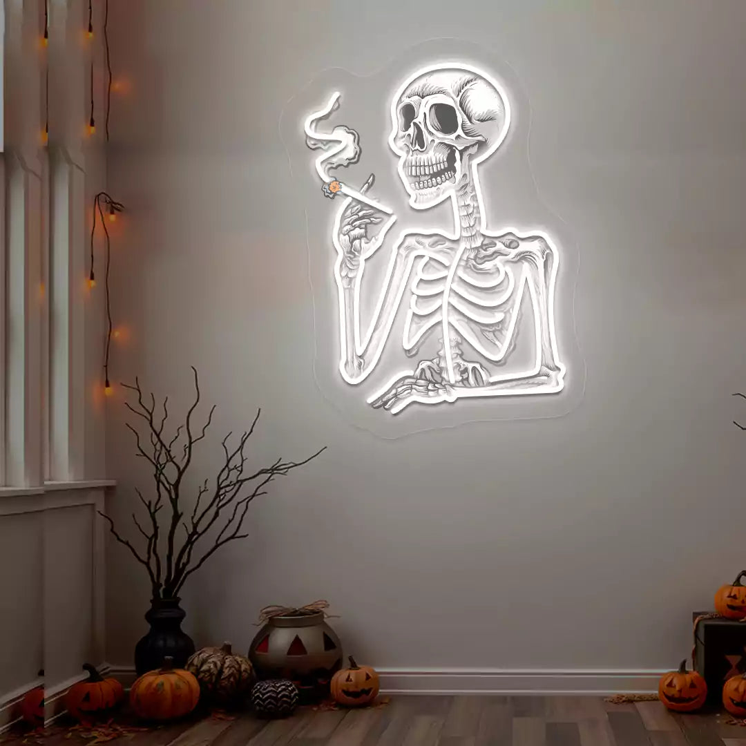Smoking Skeleton Neon Artwork | White
