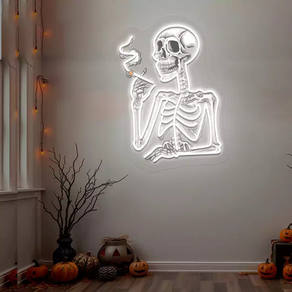 Smoking Skeleton Neon Artwork | White