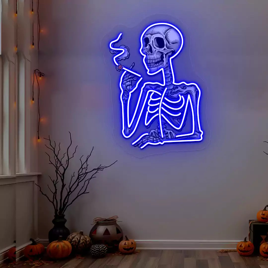 Smoking Skeleton Neon Artwork | Blue