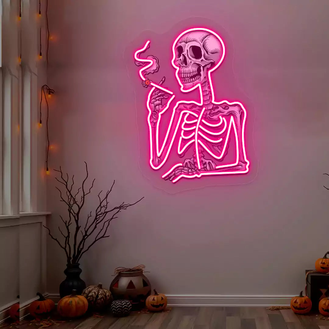 Smoking Skeleton Neon Artwork | Pink