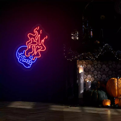 Flame-Eyed Skull Neon Sign | Blue
