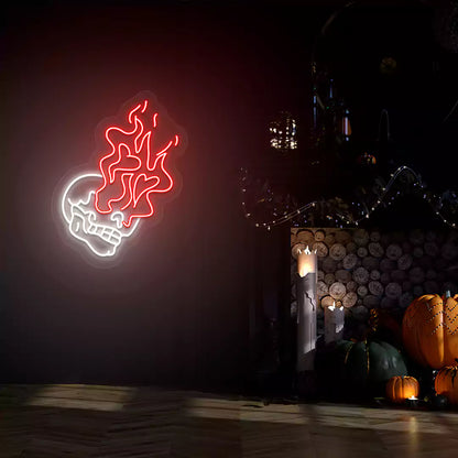 Flame-Eyed Skull Neon Sign | White