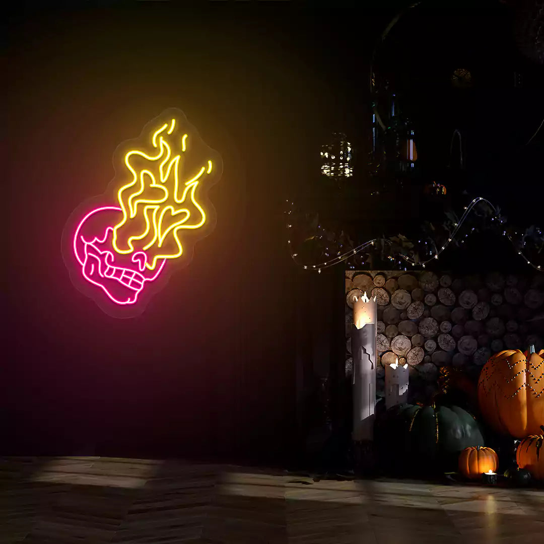 Flame-Eyed Skull Neon Sign | Pink