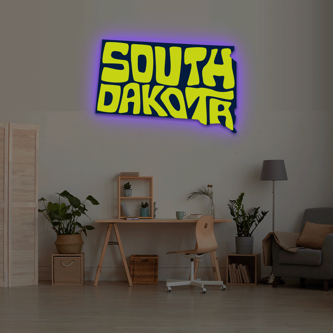 South Dakota map backlit metal wall art vinyl print with RGB color changing LED backlight