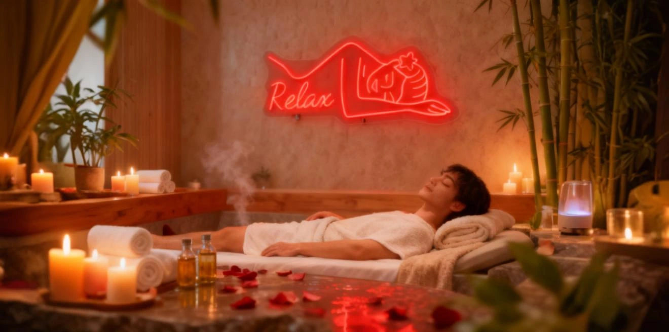 Person relaxing on spa bed with Relax neon sign