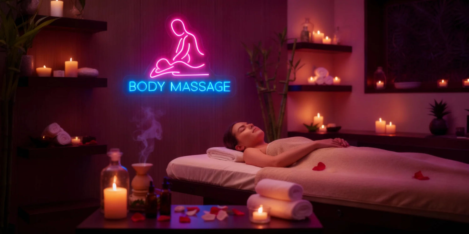 Person relaxing on massage table in dimly-lit spa room with Body Massage neon sign