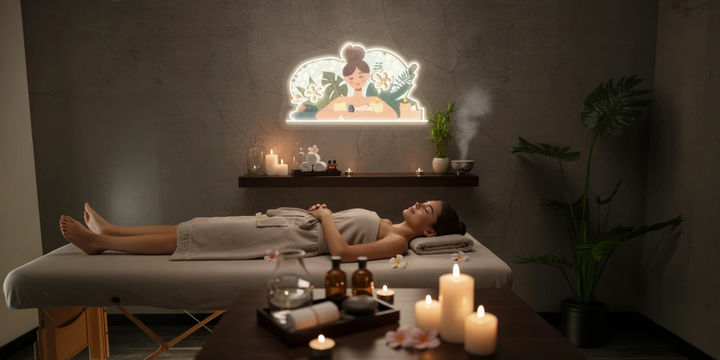 Person relaxing on spa table in tranquil room with massage neon sign wall artwork