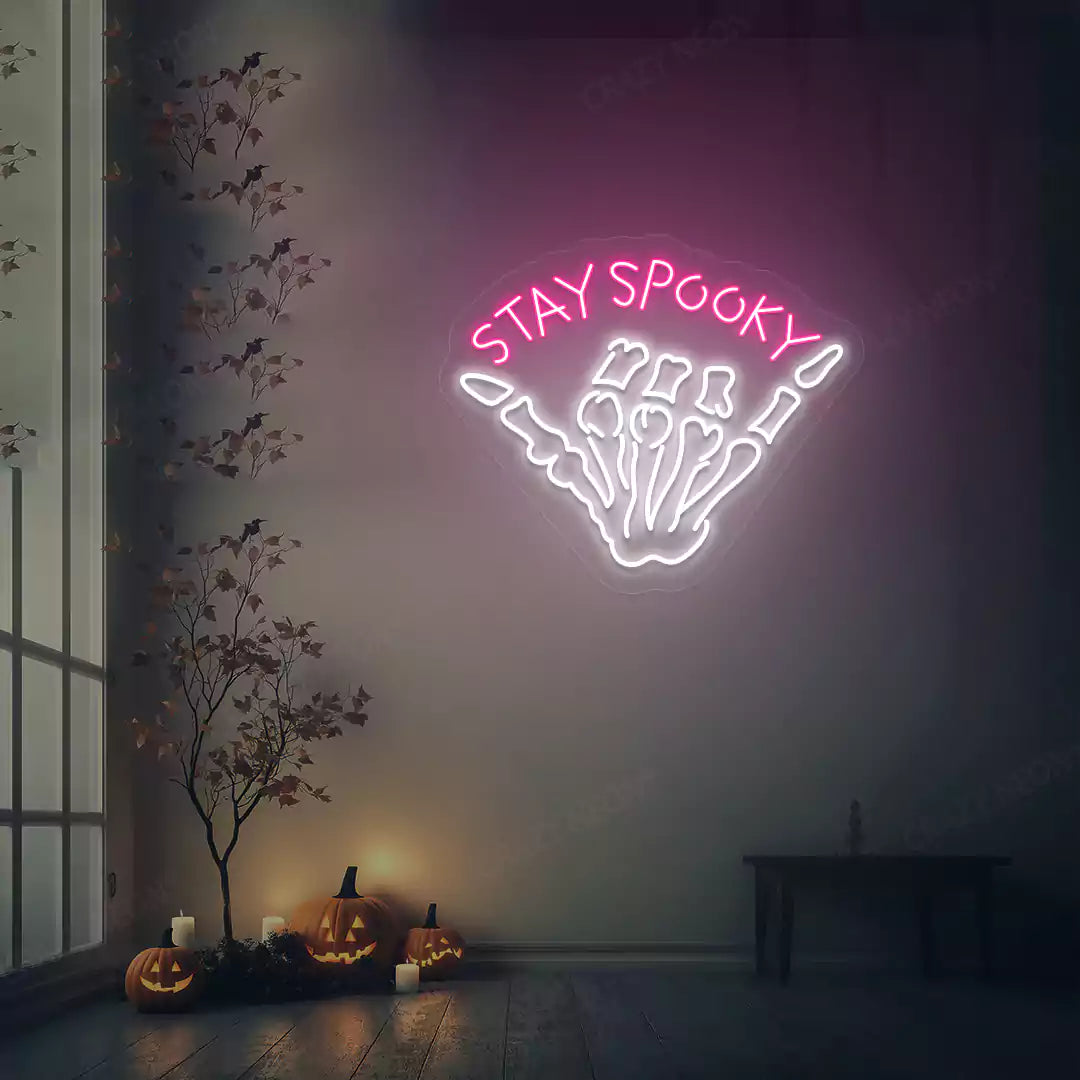 Stay Spooky Skeleton Hand Neon Sign | White