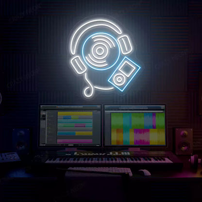 ice blue and white dj headphones neon sign