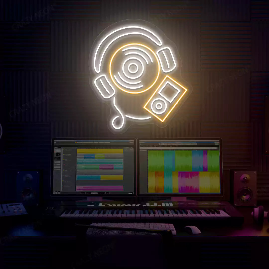 orange and white dj headphones neon sign