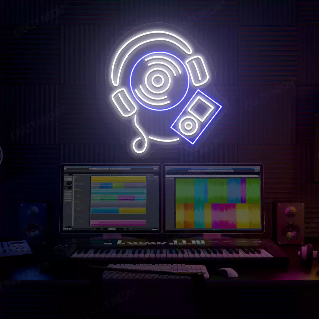 blue and white dj headphones neon sign