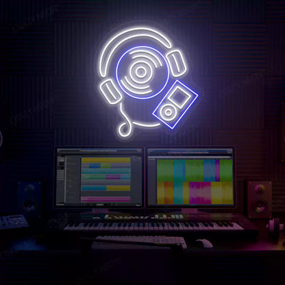 blue and white dj headphones neon sign