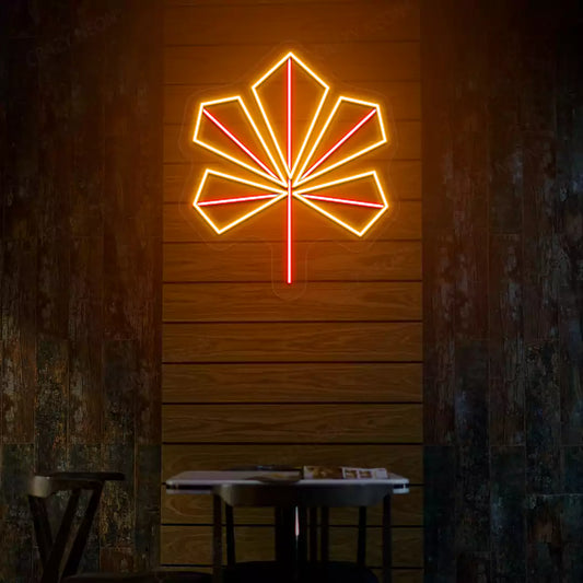Geometric maple leaf neon sign in orange and red