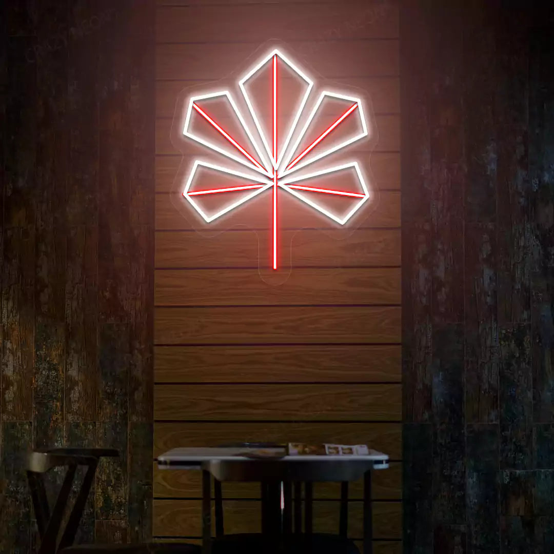 Geometric maple leaf neon sign in white and red