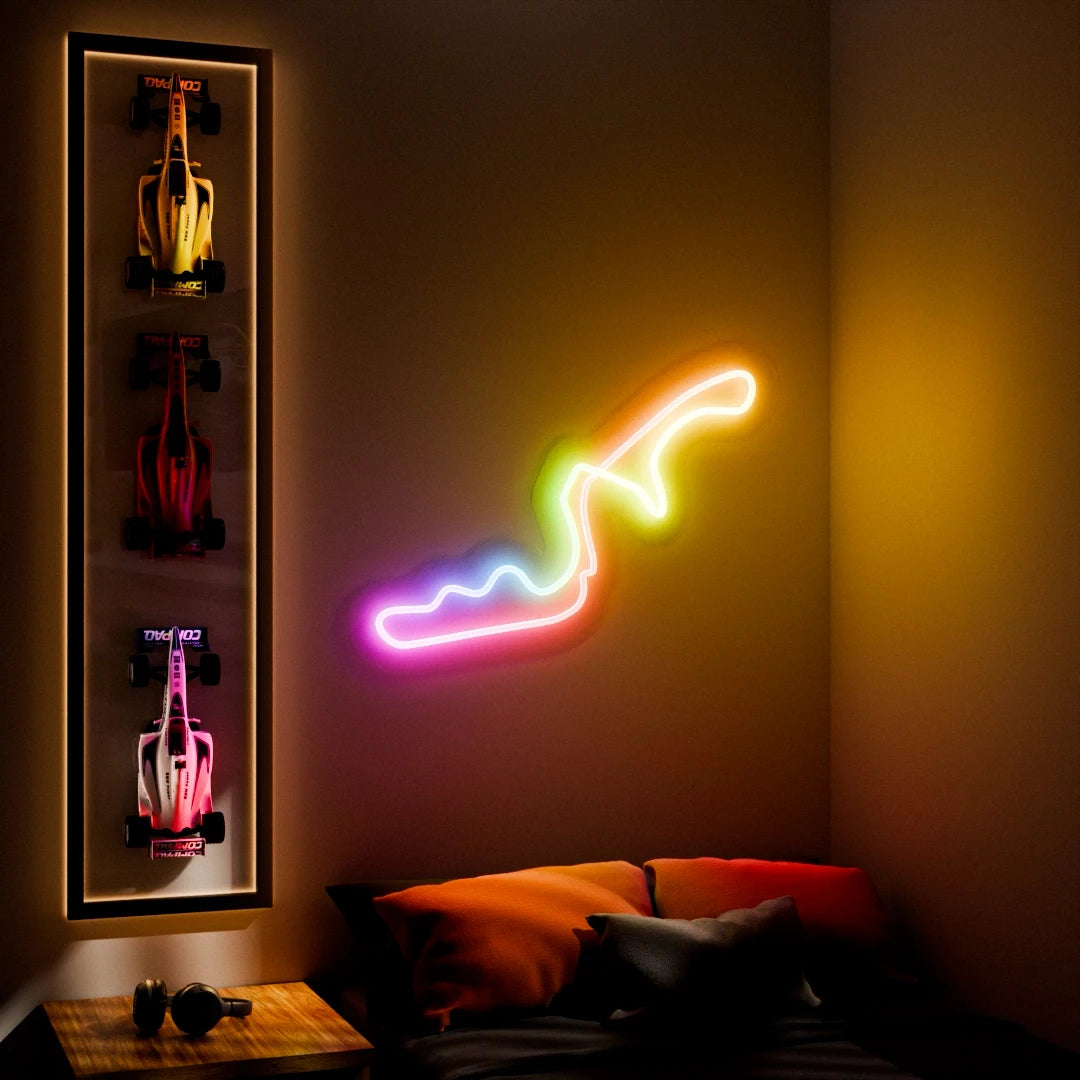 RGB Flow Japan Grand Prix Circuit LED neon wall sign in yellow, red, and blue