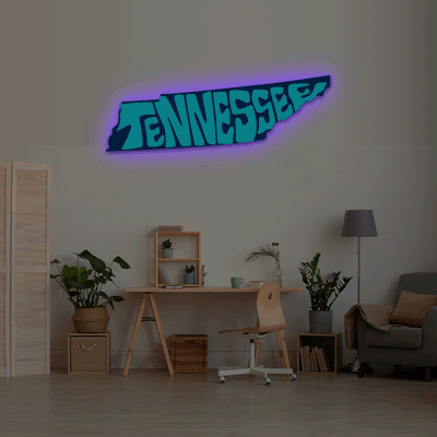 Tennessee map backlit metal wall art vinyl print with RGB color changing LED backlight