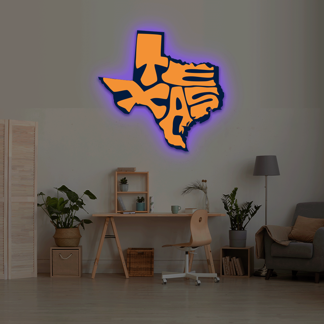 Texas map backlit metal wall art vinyl print with RGB color changing LED backlight