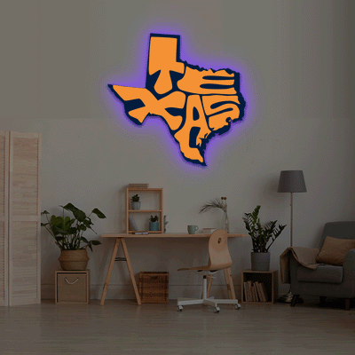 Texas map backlit metal wall art vinyl print with RGB color changing LED backlight