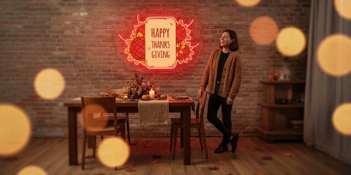 Person in brown cardigan standing by festive Thanksgiving dinner table with Happy Thanksgiving neon sign