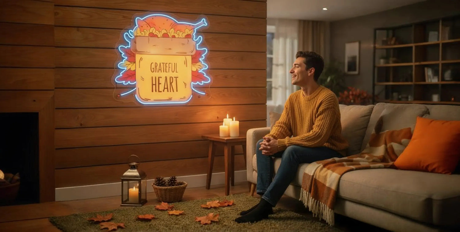 Person in orange sweater sitting in cozy autumn living room with Thanksgiving grateful heart neon sign