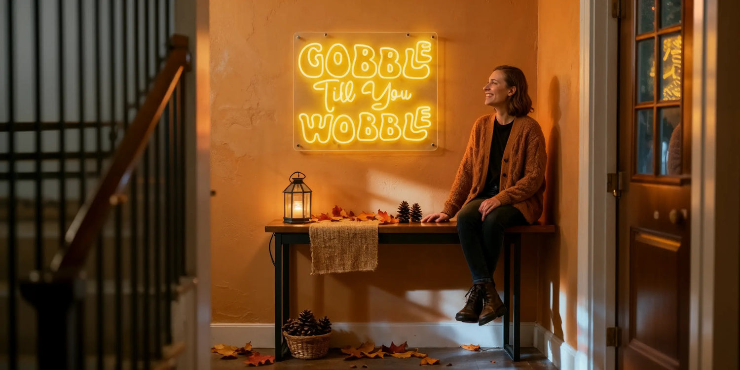 Person in brown sweater sitting by fall-themed console with Gobble Till You Wobble neon sign