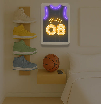 Toronto basketball jersey neon sign with DYLAN 08 in purple and yellow, bedroom decor sneaker display and basketball