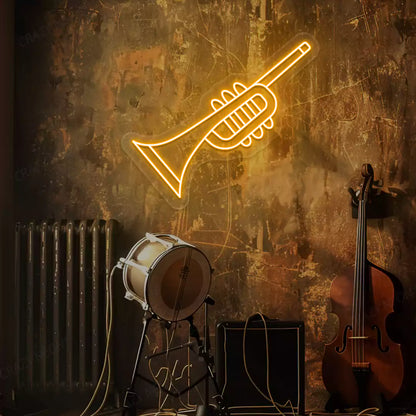 orange trumpet neon sign mounted on a wall