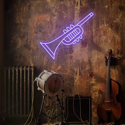 purple trumpet neon sign mounted on a wall