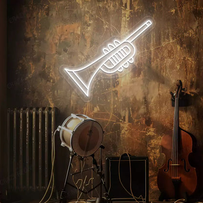 white trumpet neon sign mounted on a wall