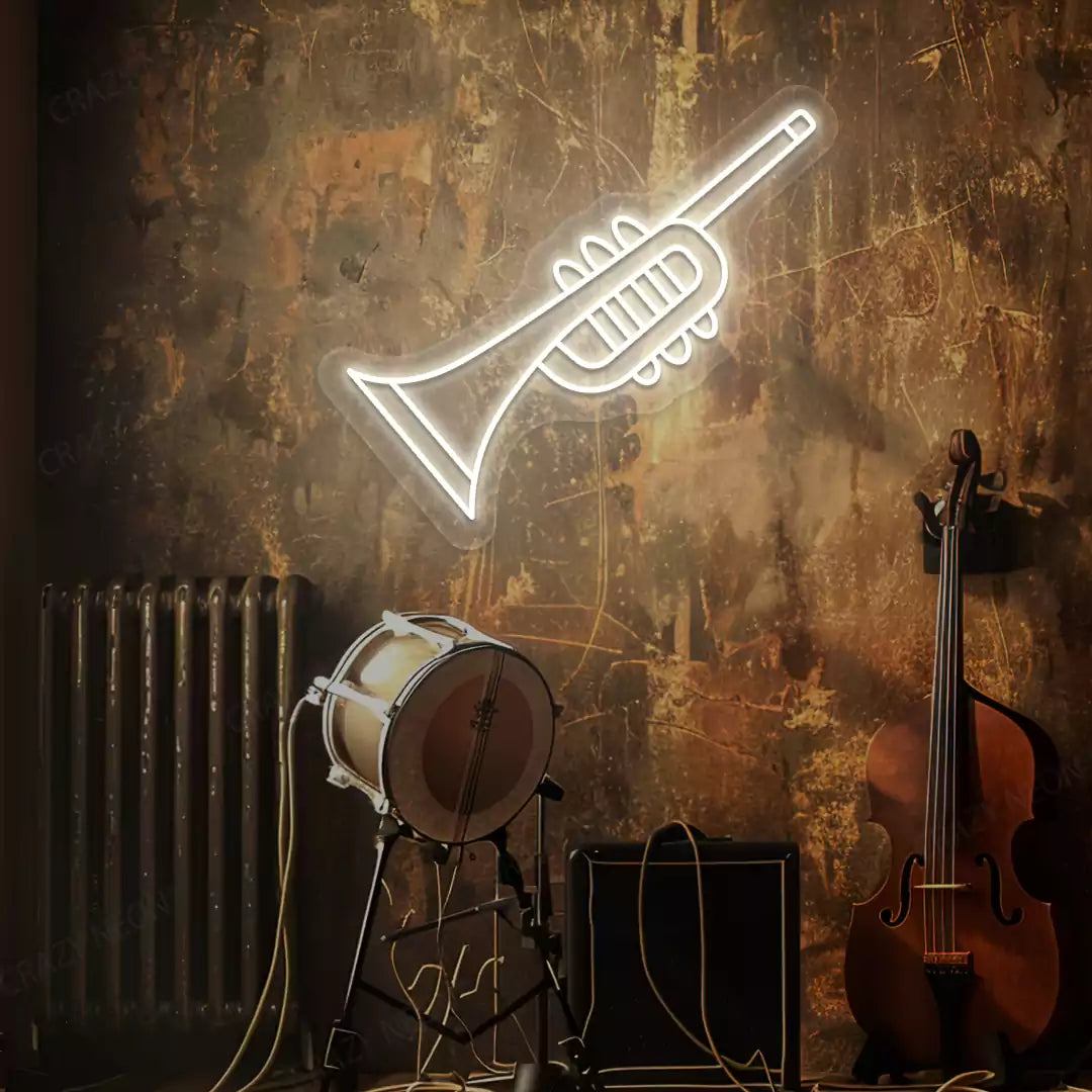 warm white trumpet neon sign mounted on a wall