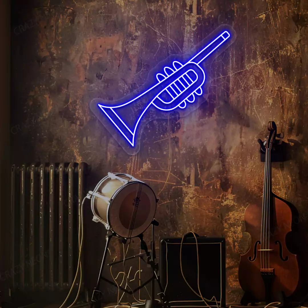blue trumpet neon sign mounted on a wall