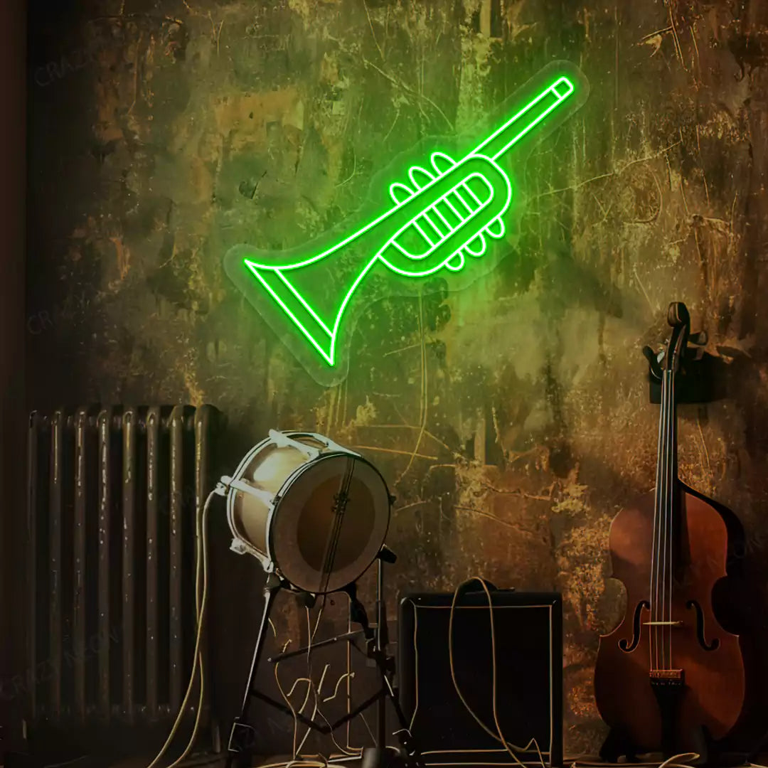 green trumpet neon sign mounted on a wall