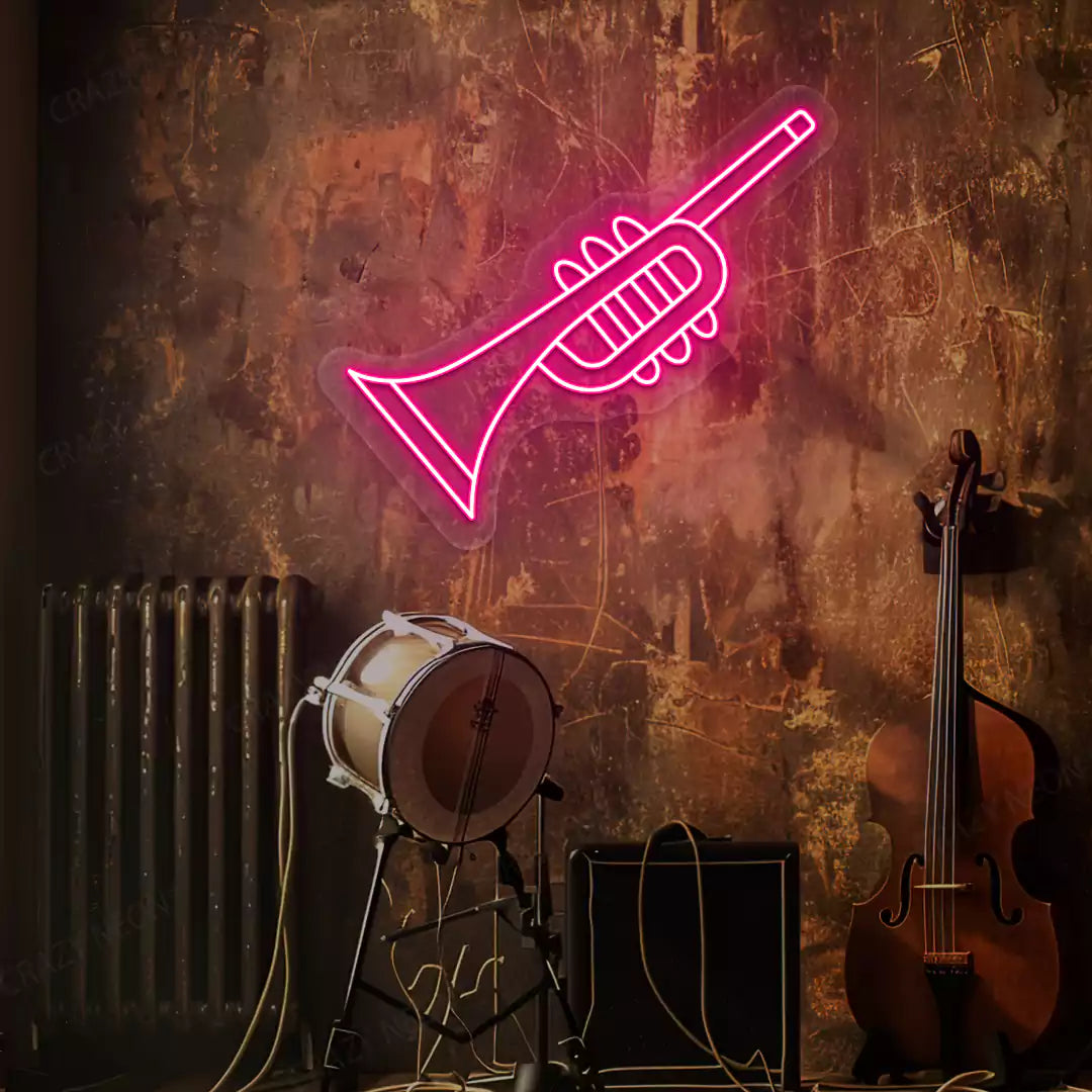 pink trumpet neon sign mounted on a wall