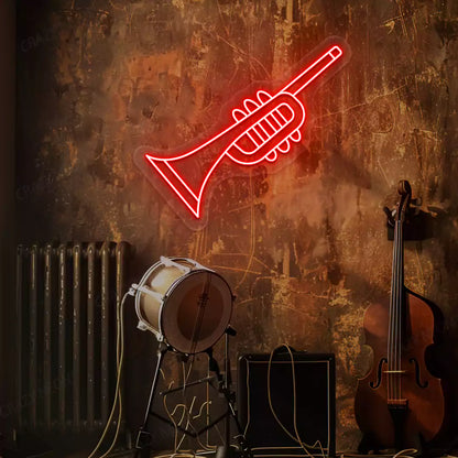 red trumpet neon sign mounted on a wall